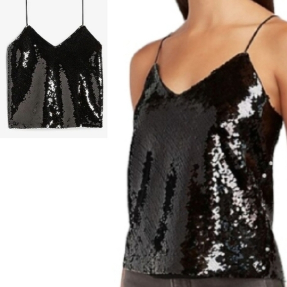 NEW! EXPRESS Black Sequin Spaghetti Strap V-neck Tank Top Small. - Picture 1 of 9